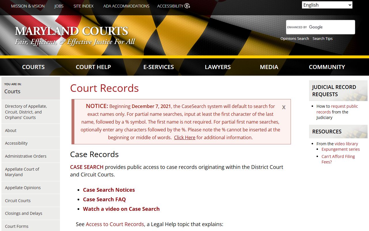 Maryland Courts court records access page for arrest case records