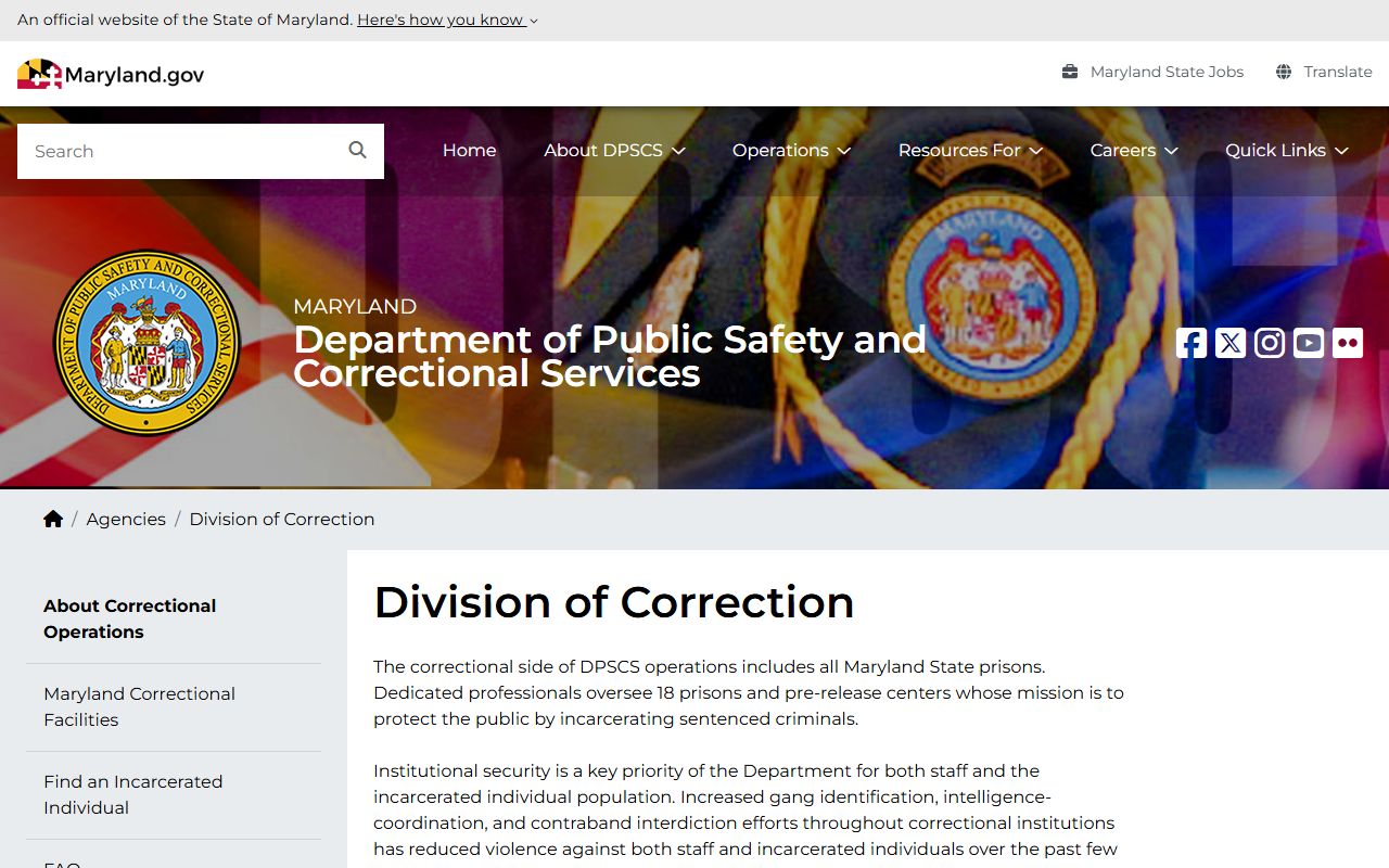 Maryland DPSCS Division of Correction inmate population page