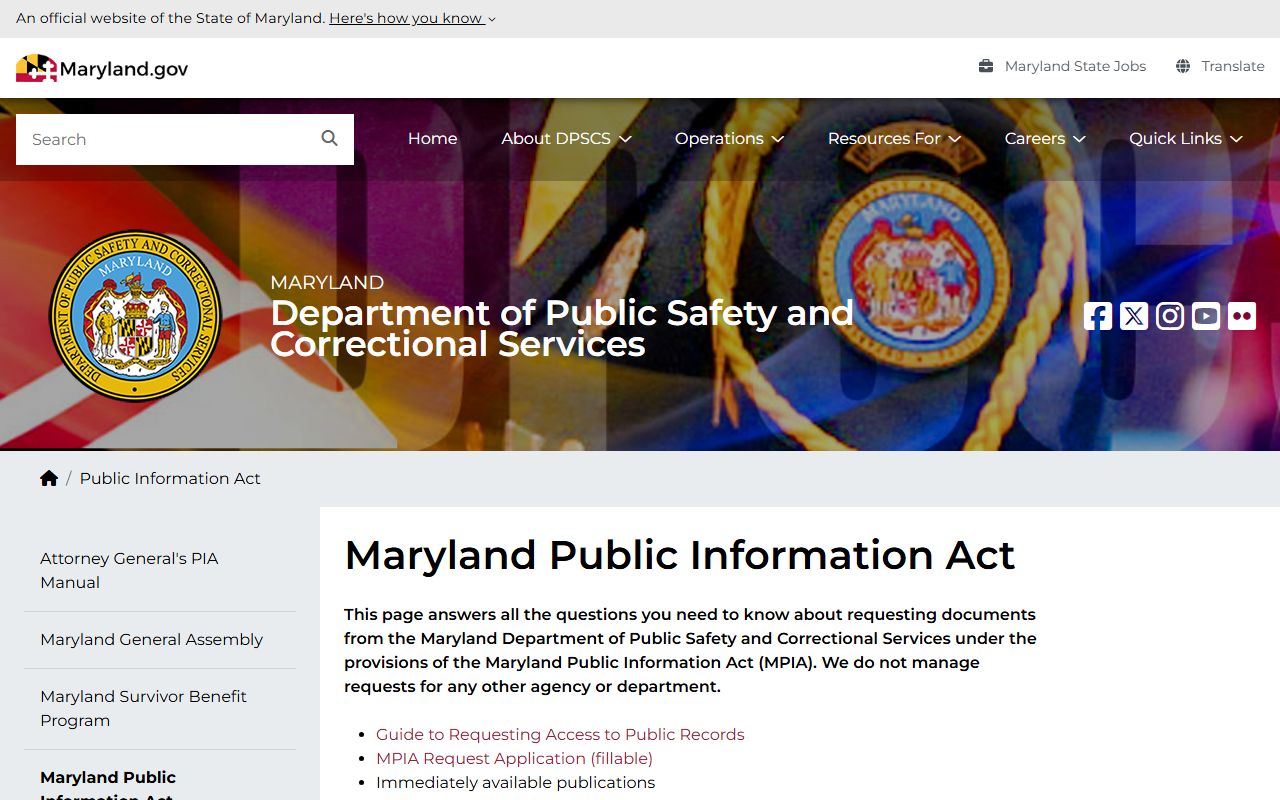 Maryland DPSCS PIA records request page for inmate records