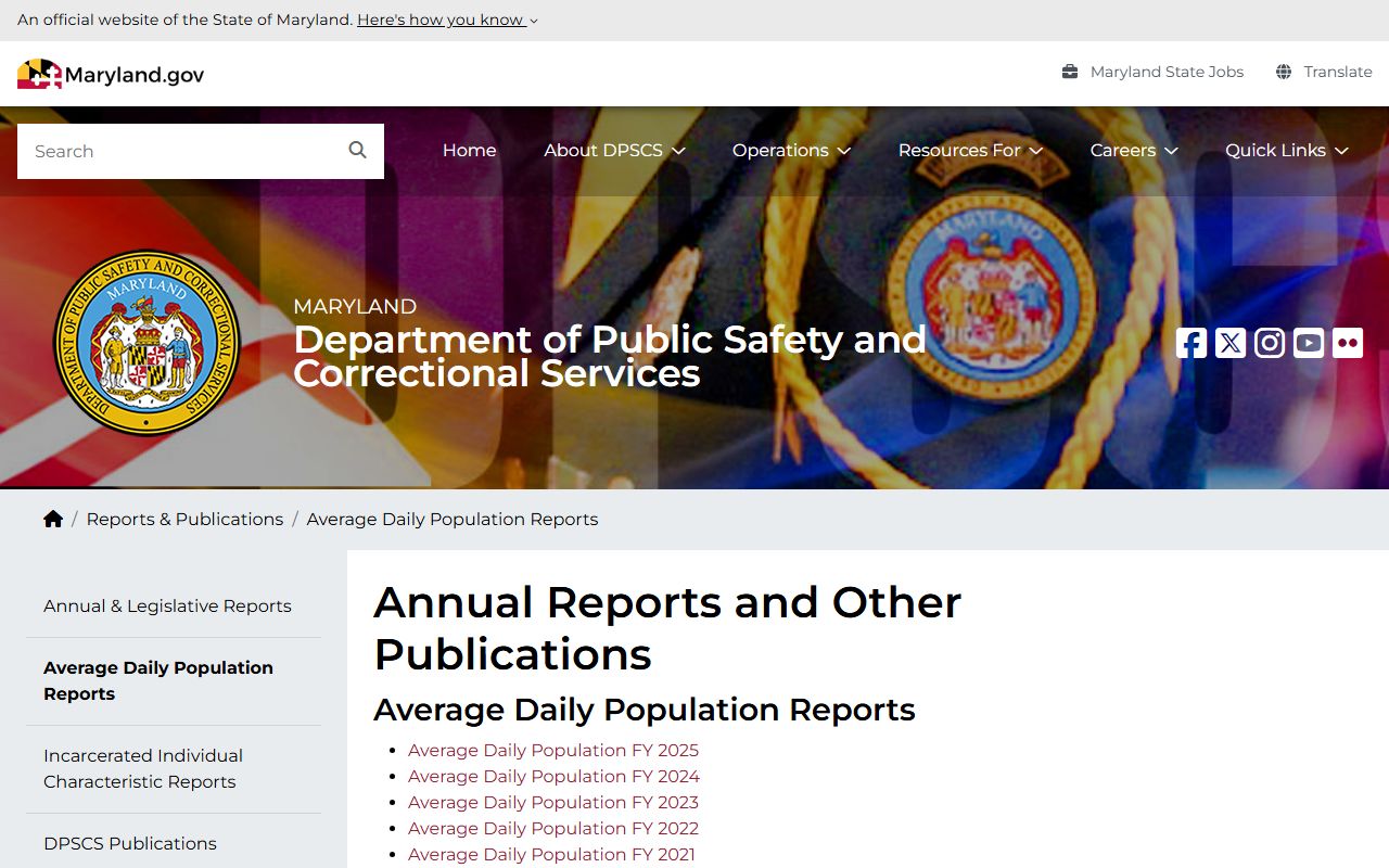 Maryland DPSCS average daily population report index