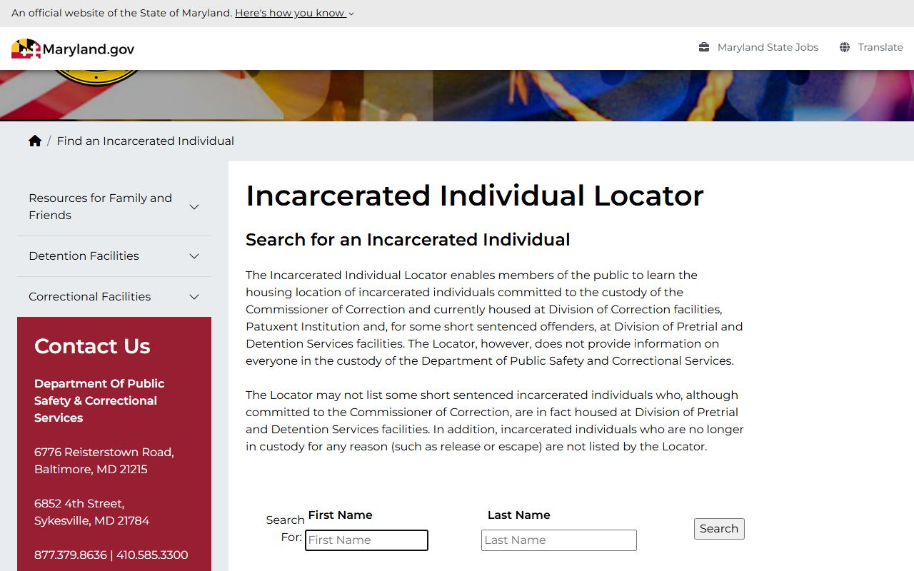Maryland DPSCS inmate locator form for inmate search