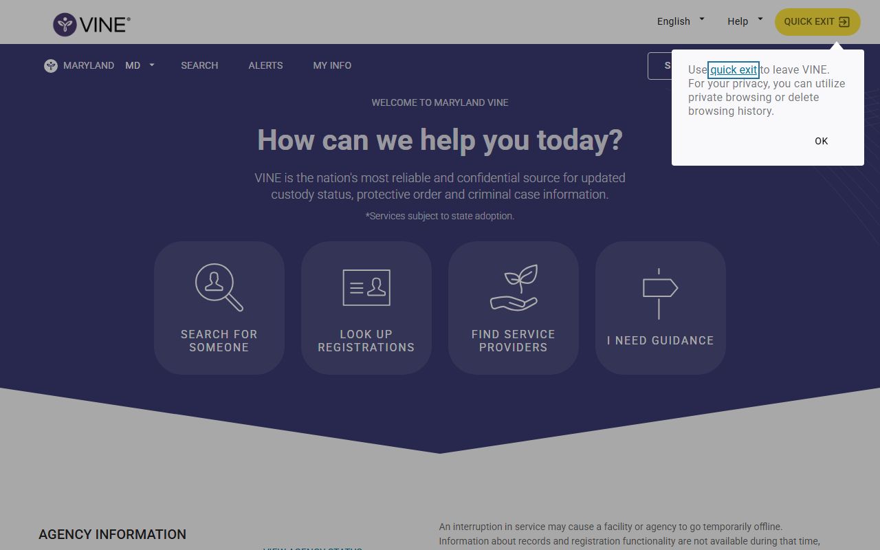 Maryland VINELink custody notification portal